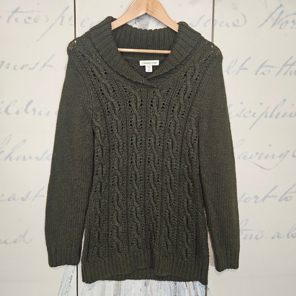 Coldwater Creek‎ Green Cable Knit Shawl Collar Sweater Women's M